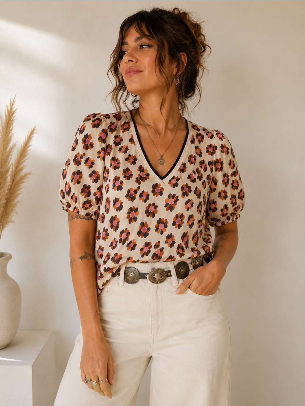 THML Floral Puff Sleeve V Neck Blouse Top Small Abstract Print
